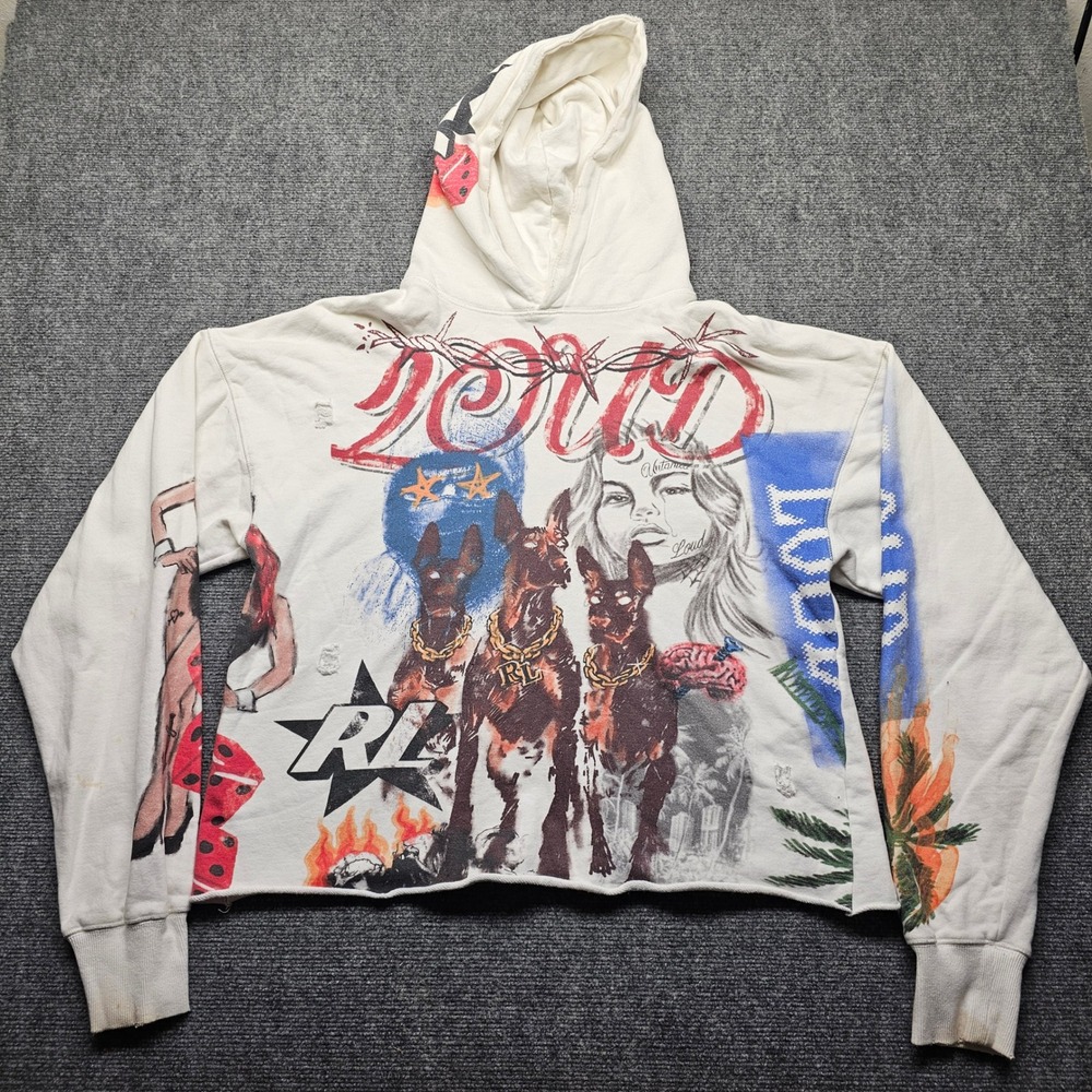 Rolling Loud Graphic Hoodie Cream White Distressed Cropped Doberman Print Large